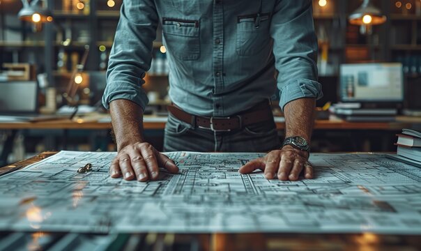Businessman works with modern computer, implementing business strategy.