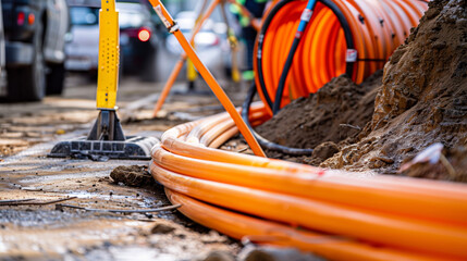 copy space, stockphoto, street construction Site for Installing Fiber Optic Cable or other internet cable. Electricity cable network, internet network. Street contruction site.