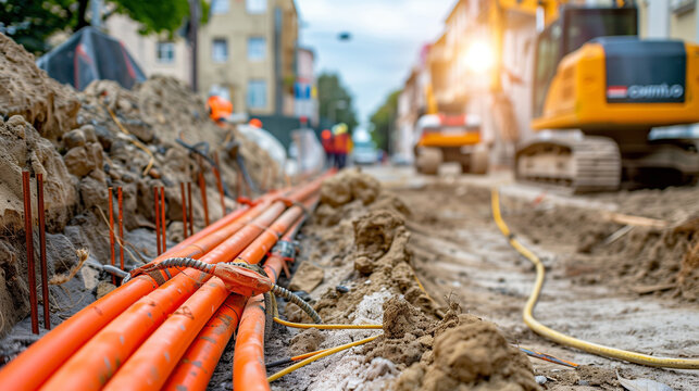 copy space, stockphoto, street construction Site for Installing Fiber Optic Cable or other internet cable. Electricity cable network, internet network. Street contruction site.