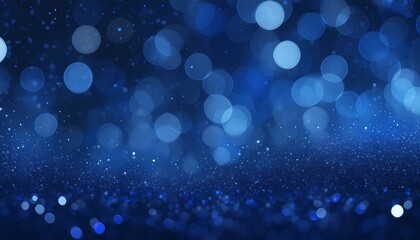 Abstract dark navy blue glitter lights background. Circle blurred bokeh. Festive backdrop for Christmas, holiday or event. Winter Card or invitation