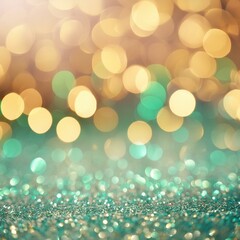 Obraz premium Abstract golden yellow and emerald green glitter lights background. Circle blurred bokeh. Festive backdrop for Christmas, party, holiday or birthday with copy space