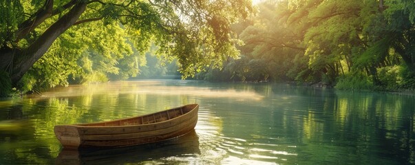 A calm river with lush green trees arching above the water. The tranquil atmosphere is like being in a dream.