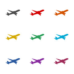 Travel company logo.  Plane silhouette  icon isolated on white background. Set icons colorful