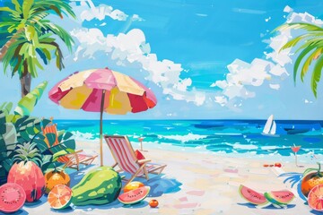 A vibrant and colorful summer beach scene with tropical fruits, beach umbrellas, and lounge chairs under a bright blue sky
