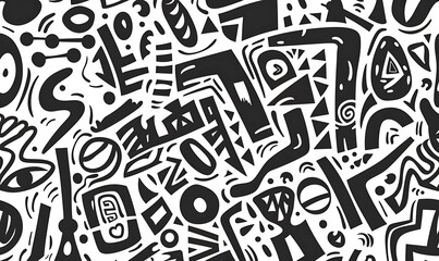 Complex Doodle Patterns, Black and White Graffiti Style, No Background