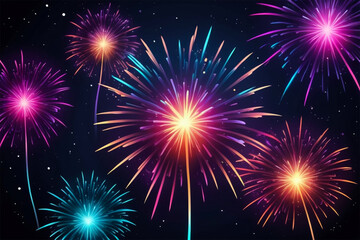 Fototapeta premium Futuristic Fireworks in Vibrant Neon Colors Against Starry Night Sky