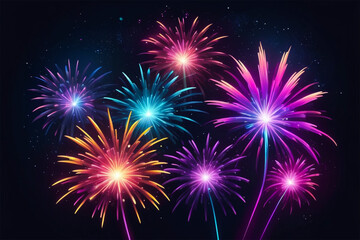 Fototapeta premium Futuristic Fireworks in Vibrant Neon Colors Against Starry Night Sky