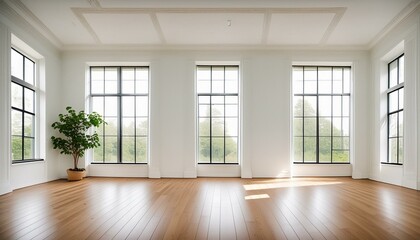 Fototapeta premium Empty white room with white wall, wooden floor and big window. Studio or office blank space. Empty template for interior product. Background for branding design showcase with copy space