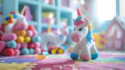 Defocused View of a Cheerful Children's Playroom with Unicorn-Themed Soft Toys
