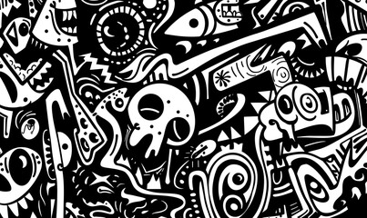 Fototapeta premium Complex Doodle Patterns, Black and White Graffiti Style, No Background
