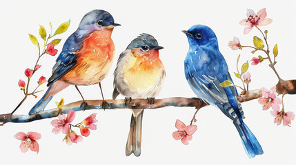 Fototapeta premium A vibrant watercolor painting featuring three birds perched on a branch with blooming flowers. The birds showcase a mix of brilliant blue, orange, and grey hues