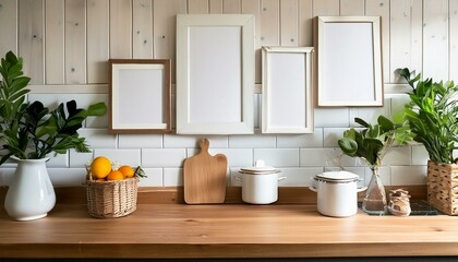 kitchen simplicity blank white canvas frames on shelf in cottage interior design photo
