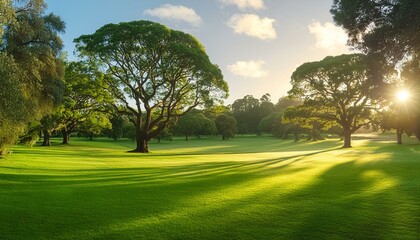 Naklejka premium Lush green lawn with trees in the soft morning light at Horsham Botanic Gardens in VIC, Australia. , generated with AI