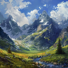 Mountain range enveloped in morning clouds during summer. Aerial perspective of peaks adorned with lush greenery amidst fog. Scenic panorama featuring towering cliffs, woodland, and sky.