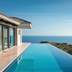 Fototapeta premium Luxury villa with an infinity pool overlooking the tranquil blue sea under a clear sky, priced at a premium for an exclusive getaway experience.