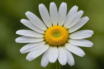 Obraz premium Macro shot of a white and yellow daisy, showcasing intricate detail against a soft green backdrop