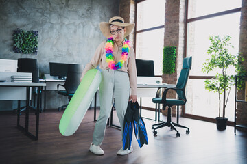 Photo of attractive upset age lady recruiter dressed formal shirt dreaming vacation indoors...