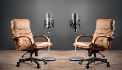 two chairs and microphones in podcast or interview room isolated on dark background