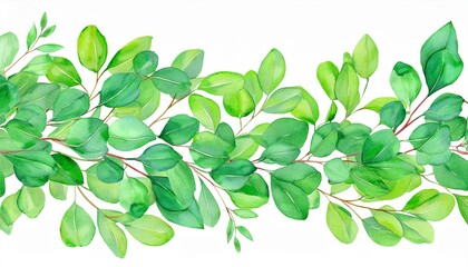 Obraz premium Watercolor green leaves frame. Herbal eucalyptus border. Green leaves and branches on white background. Simple minimalistic design for card, invitation, poster, save the date, wedding or greeting