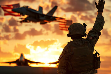 Naklejka premium Soldiers Saluting Fighter Jets Flying Overhead with American Flag