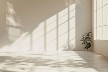 A beige studio background is set for product presentations, featuring shadows from a window and sunlight casting across an empty room with white walls and floors