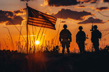 Silhouetted Soldiers Standing with American Flag at Sunset