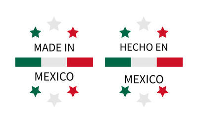 Made in Mexico labels in English and in Spanish languages. Quality mark vector icon. Perfect for logo design, tags, badges, emblem, stickers, product package, etc.