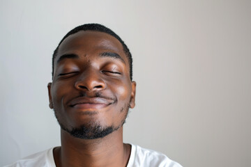 A man with a relaxed smile and closed eyes, completely isolated from the environment, set against a plain white background