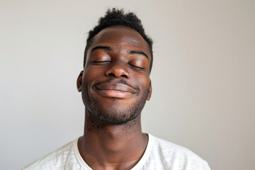 A man with a relaxed smile and closed eyes, completely isolated from the environment, set against a plain white background