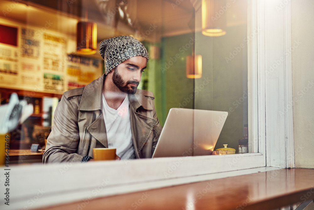 Poster Man, distance learning and laptop in cafe by window with studying, internet search and online course. Coffee shop, restaurant and computer for typing and university elearning website with student