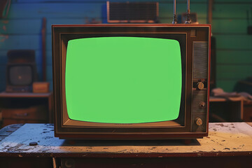 A vintage CRT TV is showcased with a glowing green screen, evoking nostalgic retro vibes against a plain background