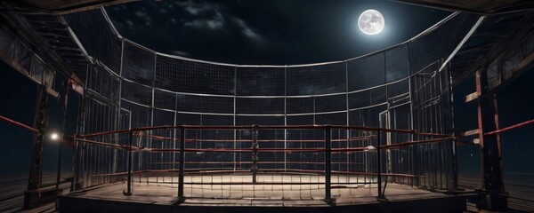 outdoor boxing cage at night with moon in background. Extremely detailed and realistic high resolution illustration