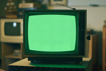 A vintage CRT TV is showcased with a glowing green screen, evoking nostalgic retro vibes against a plain background