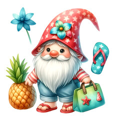 Cheerful gnome in star hat carrying a beach bag
