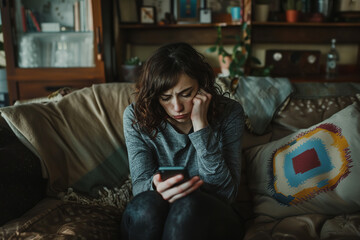 Obraz premium A woman sits on a couch, tears streaming down her face as she looks at her phone. Her expression is filled with sadness and emotion