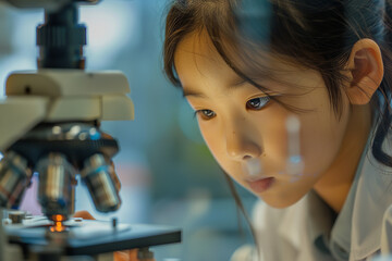 A young Asian girl is deeply focused on using a microscope in a science laboratory
