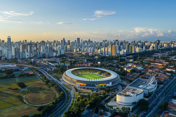 An aerial view captures a modern soccer stadium surrounded by city buildings, blending the excitement of sports with urban sophistication