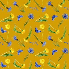 Seamless pattern with blue and yellow wildflowers and Gossamer-winged butterflies