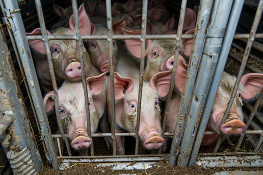 Pigs in a crowded intensive farming environment depict the realities of animal welfare concerns, factory farming, and livestock production