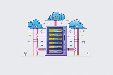Naklejka premium web design a server connected with network cables to the cloud, cute illustration simple, flat minimal vector flat, composition, swiss, bold lettering, white background 