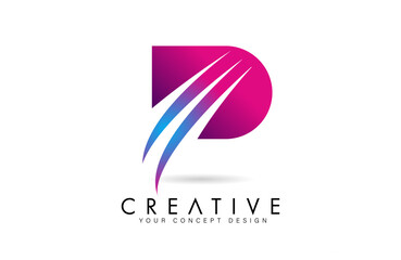 Letter P p Logo Design in purple blue colors with negative space Swooshes and creative font cut