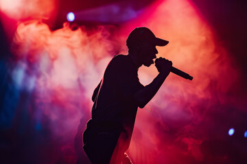 The silhouette of a rapper, donning a cap and holding a microphone, delivers powerful lyrics under vibrant stage lights