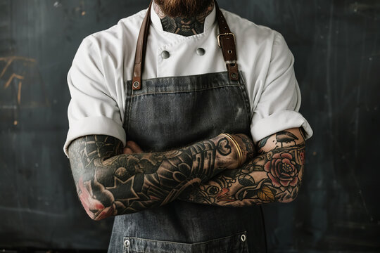 The man with tattoos wears an apron, embodying a rugged and artistic appearance. His tattoos add a unique flair to his attire