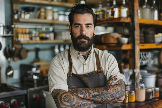 The man with tattoos wears an apron, embodying a rugged and artistic appearance. His tattoos add a unique flair to his attire