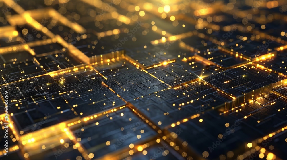 Poster plating and particles make up the abstract high tech background of digital technology.