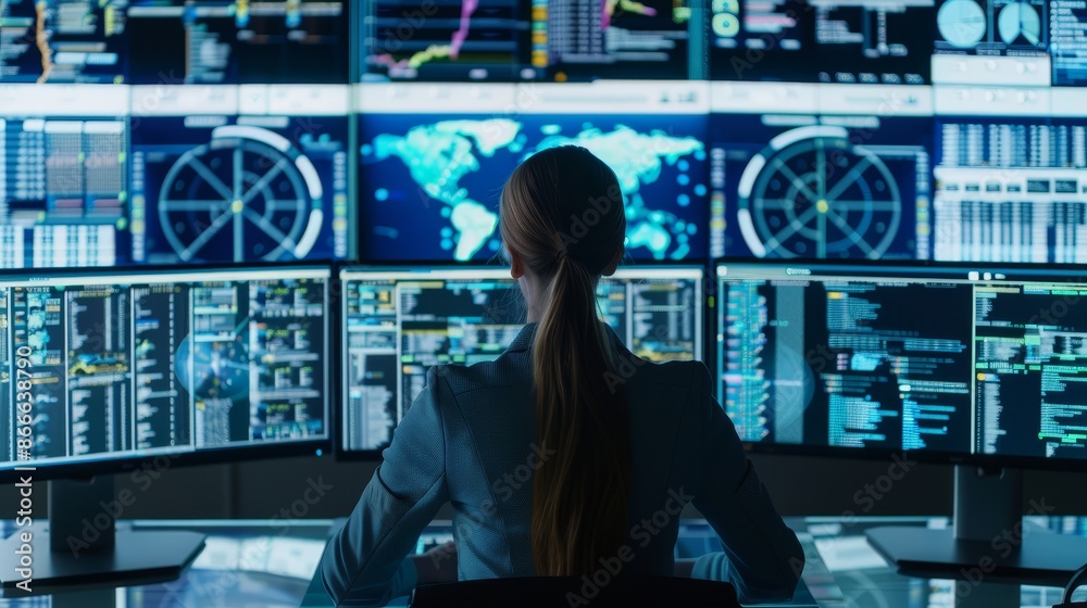 Poster technical operator stands and monitors various activities on multiple displays with graphics in the 