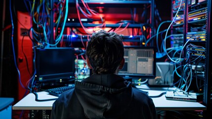 Shot from behind of a hooded hacker who is breaking into corporate data servers from his underground hideout. There are multiple display screens, cables everywhere, and a dark atmosphere in the room.