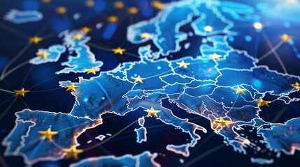 This is a European-wide telecommunications network connecting Europe, France, Germany, the United Kingdom, and Italy; a concept about internet and global communications technology for finance,