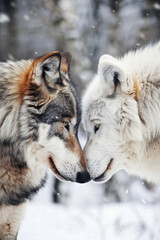 Obraz premium Wolves tender moment. Wildlife photography, nature documentaries, themes of love and companionship.