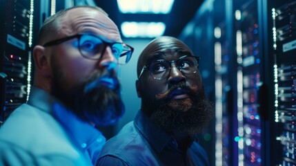 A bearded IT technician and a black male engineer walking beside server racks in a data center. Running diagnostics or performing maintenance.